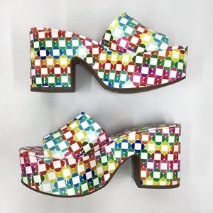 NWOB, Larroude Miso Daisy Monogram Platform Mules Rainbow Patent Leather, 8.5